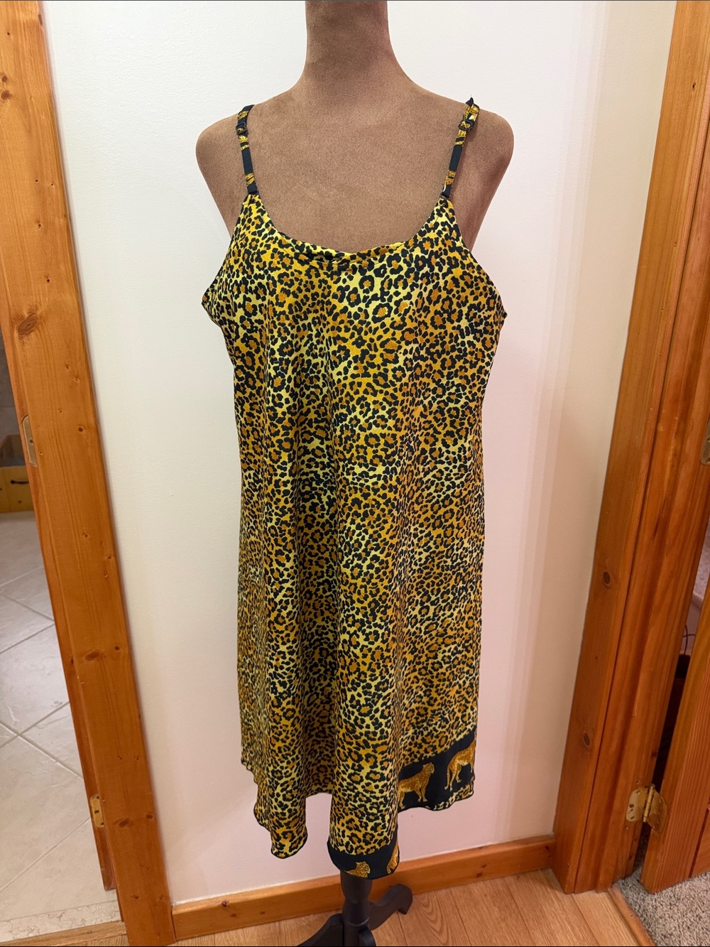 Rima. Leopard Print Slip Dress with Ruffle Hem - Gold/Black. NWOT. Size Large